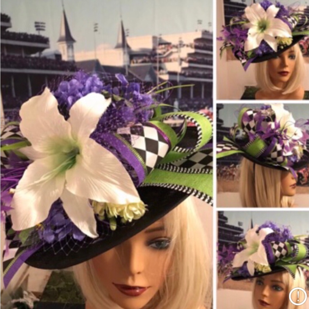Black Wide-Brim Hat with White Lily & Purple Floral Accents by